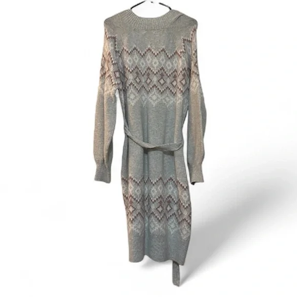 NWT Lucky Brand Gray Aztec Belted Long Sleeve Sweater Dress XL - Picture 9 of 10